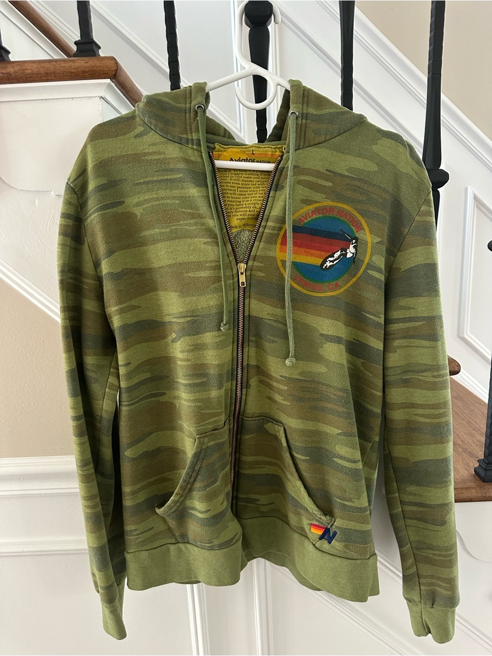 Aviator Nation Green Camo Zip-Up Hoodie with Colorful Patch